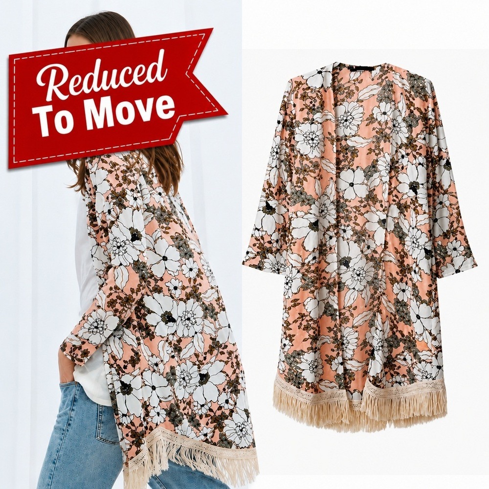 Zara Trafaluc Small Floral Fringe Kimono Cardigan Open Front Lightweight Boho